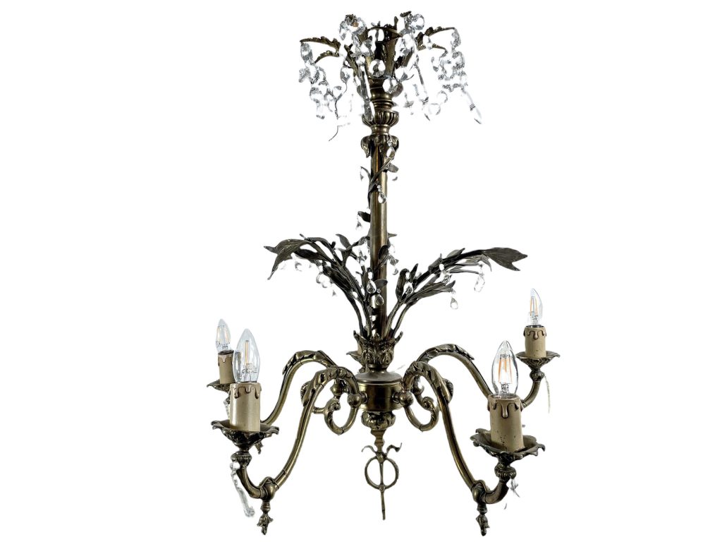 Antique French Large Heavy Metal Glass Chandelier Sconce Brass Electric Pendant Lamp Five Bulb Electric Chateaux Manoir c1900’s / EVE