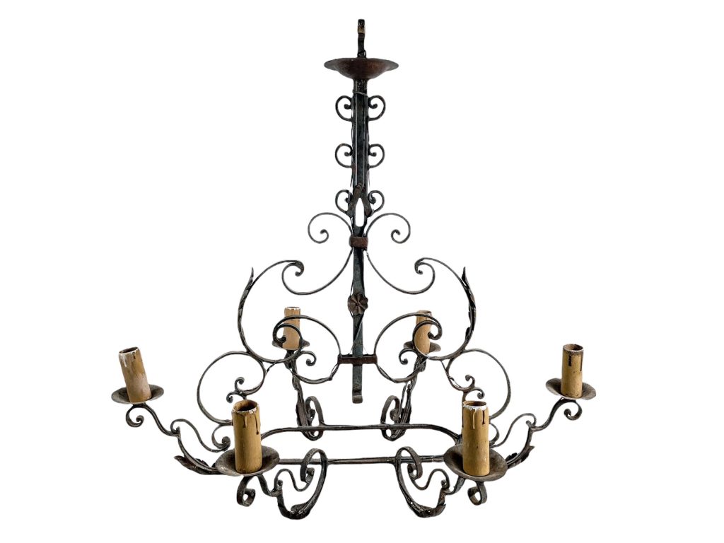 Antique French Iron Hanging Chandelier Six Electric Light Lantern Candle Hanging Lamp Decor Pendant Chateaux Manoir Design c1910's / EVE