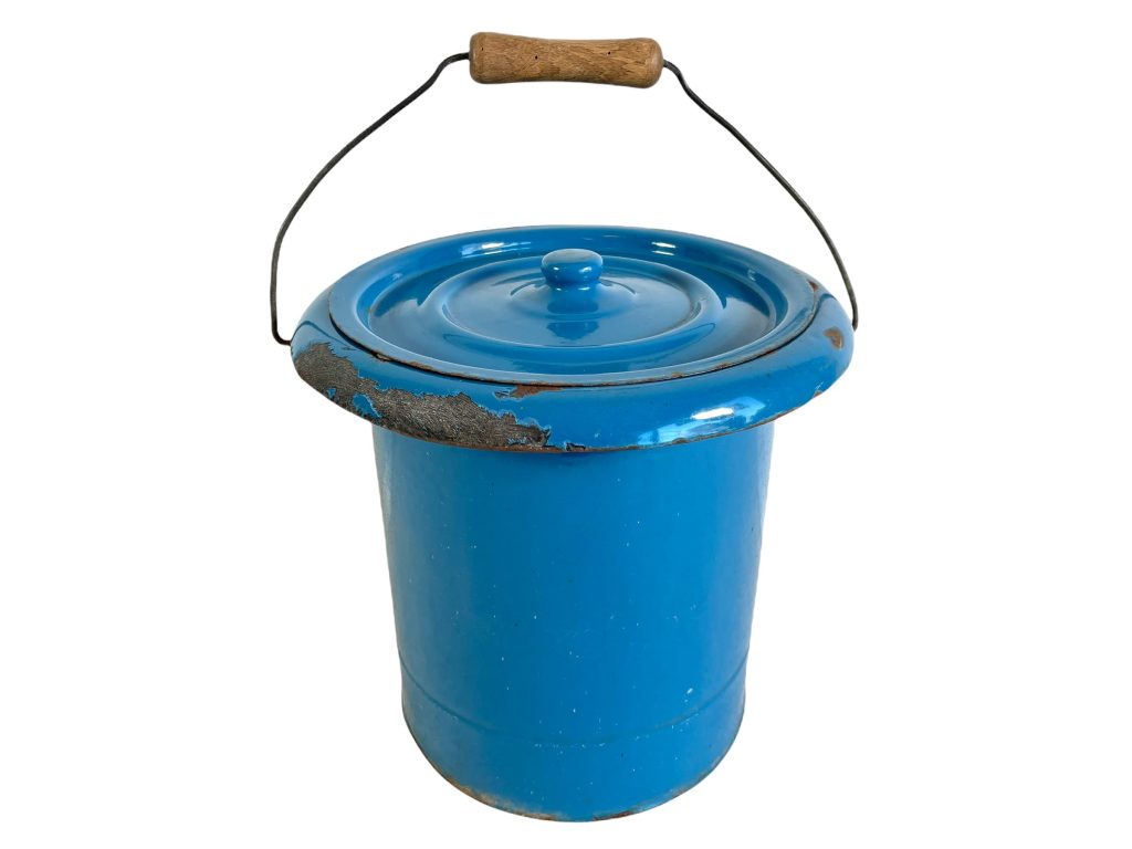 Vintage French Metal Blue Enamel Iron Enamel Vegetable Waste Recycling Kitchen Bin Chicken Animal Feed Compost Rusty c1930-50's / EVE