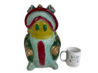 Alternative view of Vintage Terracotta Large Green Blue Gold Frog Piggy Bank Ornament Handmade Unusual Oddity Decor Design Froggy Freddy c1960-70's / EVE