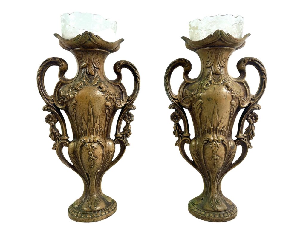 Antique French Art Nouveau Brass Etched Glass Vase Pair Flask Storage Planter Tarnish Patina Decorative Display c1910’s / EVE