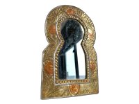 Vintage Moroccan Arabian Tunisian Islamic Mirror Temple Themed Brass Copper Metal Glass Wall Hanging Decor Theme c1970-80's / EVE