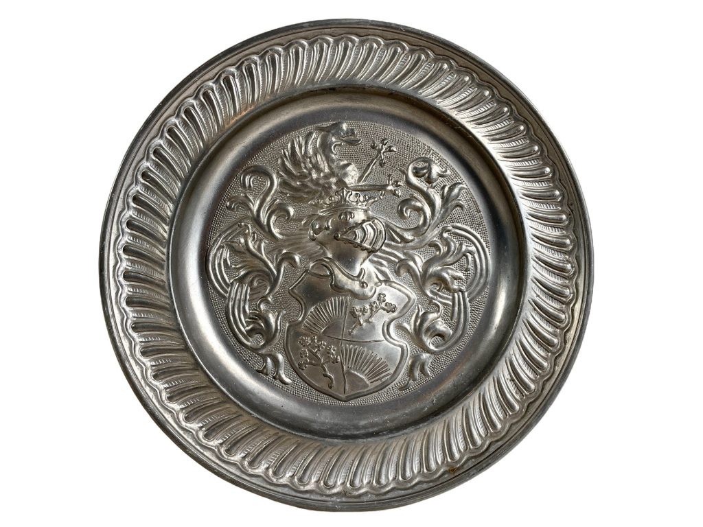 Vintage French Heavy Round Ornate Shield Crest Pewter Plate tray charger platter serving display wall hanging c1960-70’s / EVE