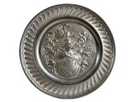 Vintage French Heavy Round Ornate Shield Crest Pewter Plate tray charger platter serving display wall hanging c1960-70's / EVE