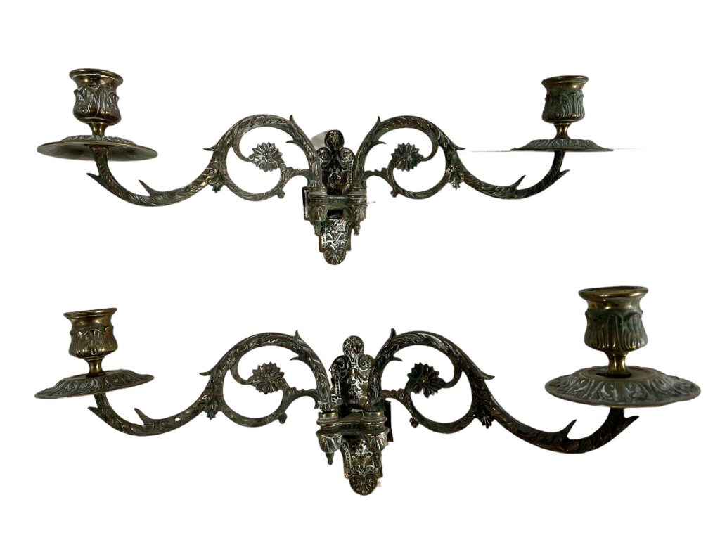 Antique French Pair Piano Wall Sconce Bronze Brass Metal Candle Candlestick Stick Pedestal Stand Display Ornate Decor c1900’s / EVE