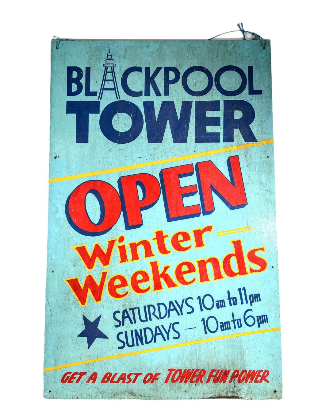 Vintage English Blackpool Tower Winter Weekends Hand Painted Retail Games Wooden Sign Notice Commercial circa 1970-80’s / EVE