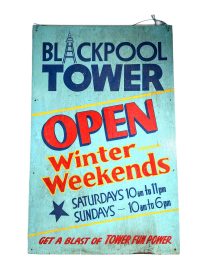 Vintage English Blackpool Tower Winter Weekends Hand Painted Retail Games Wooden Sign Notice Commercial circa 1970-80’s / EVE 3