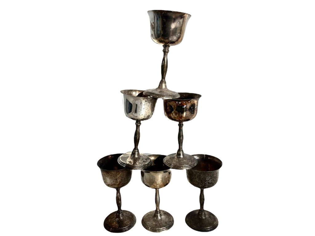 Vintage English EPNS Silver Plate Drinking Wine Goblets Metal Set Of Five Chalice Cup Interior Design Decor Display c1940-50’s / EVE