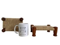 Alternative view of Vintage Tiny Small Rattan Pair Of Stools French Wooden Brown Wood Woven Raffia Low String Woven Plinth Stand Pot Tabouret c1960-70's / EVE