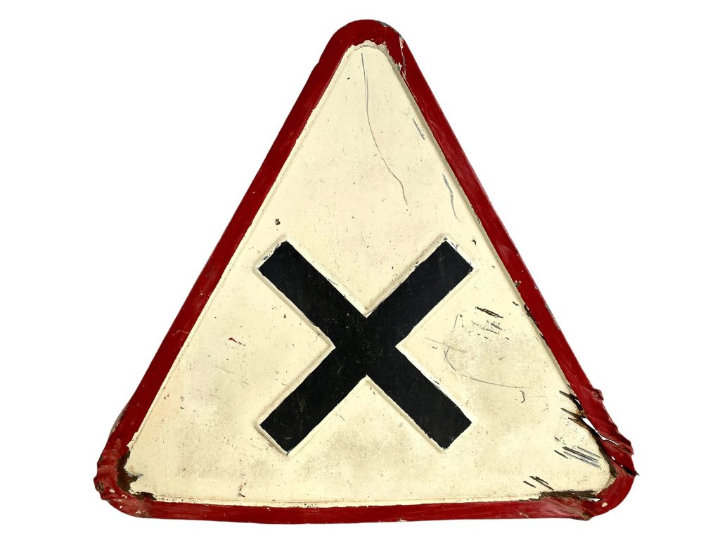 Vintage French White Red Crossroads Cross Roads Metal Roadsign Road Sign Warning Crossing Farming Farm Track c1950-60’s / EVE