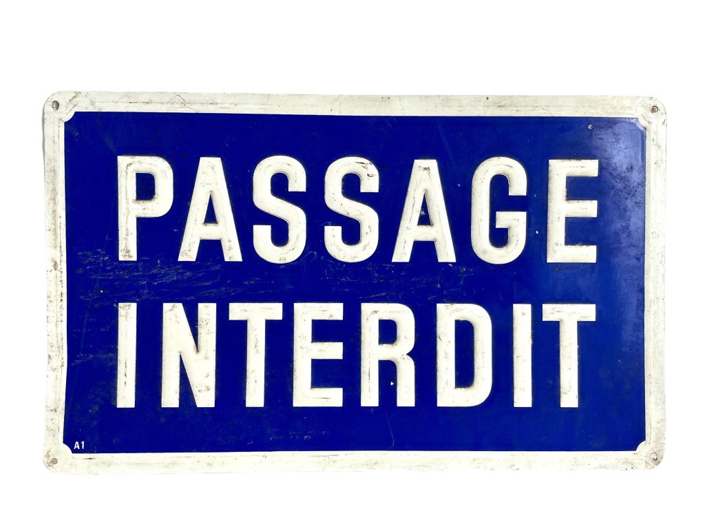 Vintage French White Blue Passage Interdit Entry Forbidden Metal Roadsign Road Sign Warning Farming Farm Track c1990-00’s / EVE