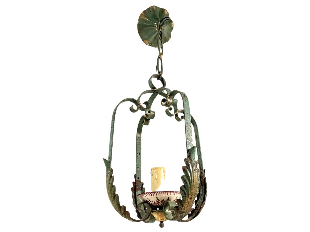Vintage French Metal Shabby Chic Green Hanging Electric Flower Plant Lamp Chandelier Light Lighting circa 1930-40’s / EVE