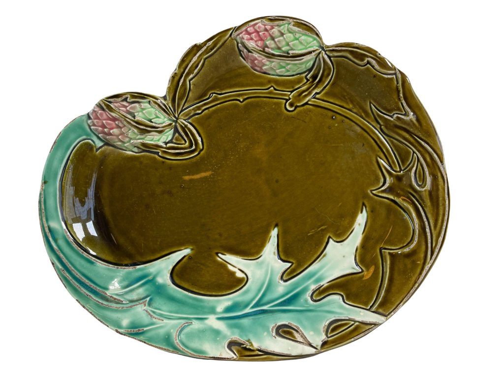 Antique French Majolica Plate Dish Server Artichoke Vegetable Decorative Glazed Earthenware Ceramic Green Blue c1910-20s / EVE
