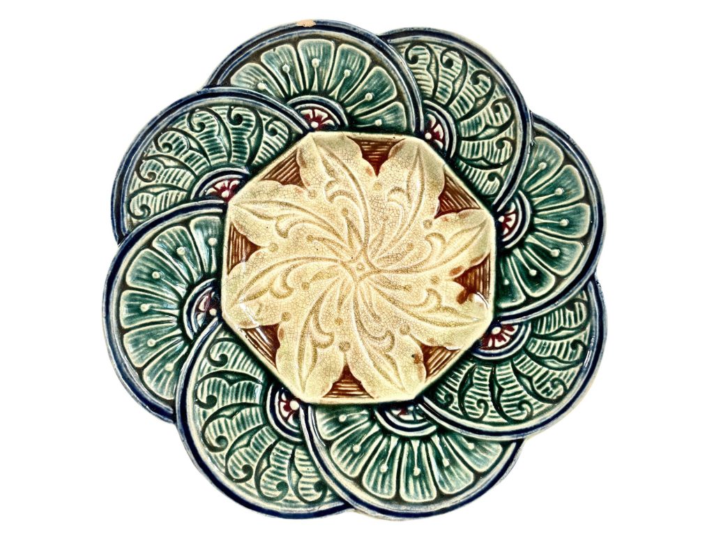 Antique French Majolica Plate Dish Server Decorative Glazed Earthenware Ceramic Green Brown Blue c1910-20s / EVE