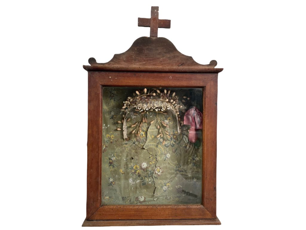 Antique French Heavy Wood Wooden Religious Cross Cabinet Case Display Ornament Storage Box Wedding Crown Bonnet Decor c1900-10’s / EVE