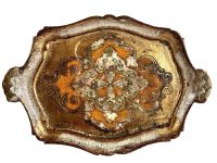 Vintage Italian Florentine Florence Gold Yellow Wood Ornately Decorated Small Serving Tray Trivet Stand Dish Decoration c1920-30's / EVE