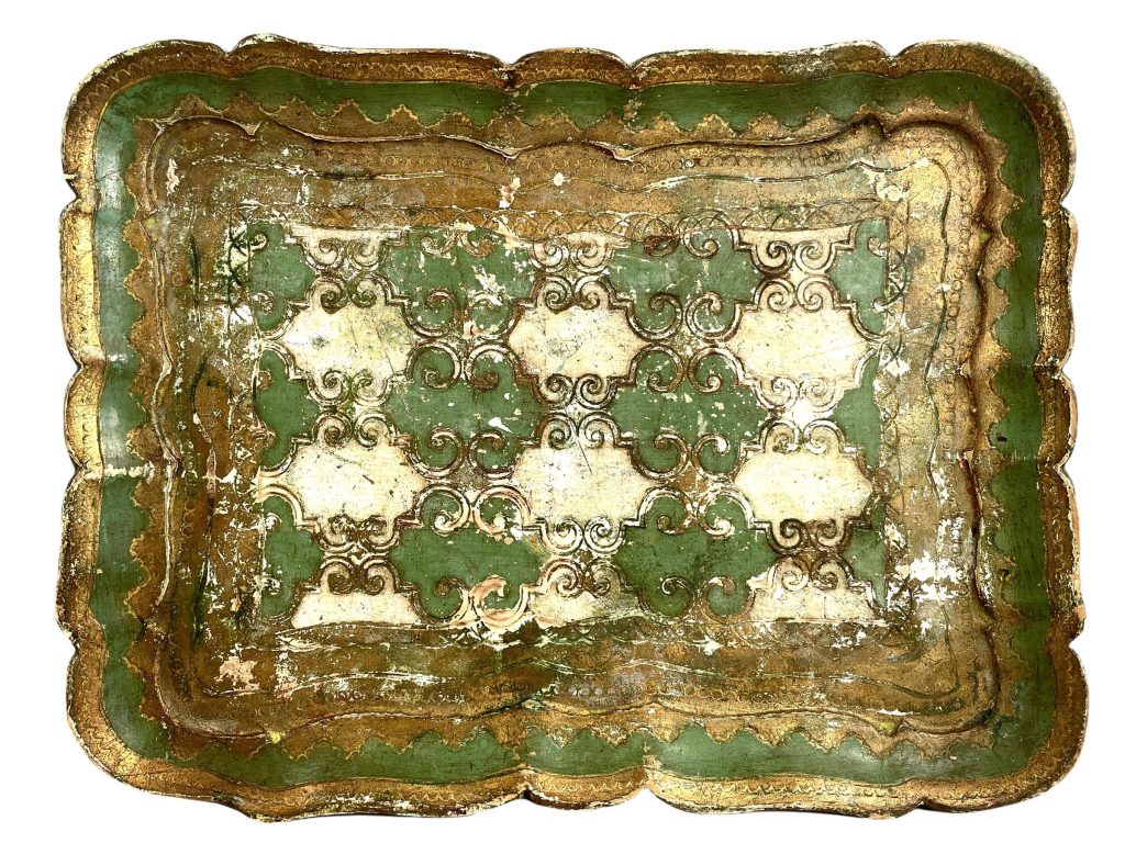 Vintage Italian Florentine Florence Gold Green Wood Ornately Decorated Small Serving Tray Trivet Stand Dish Decoration c1920-30’s / EVE