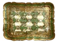 Vintage Italian Florentine Florence Gold Green Wood Ornately Decorated Small Serving Tray Trivet Stand Dish Decoration c1920-30's / EVE