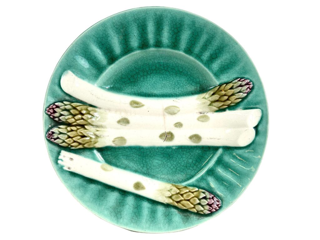 Antique French Majolica Plate Dish Server Asparagus Vegetable Decorative Glazed Earthenware Ceramic Green Blue c1910-20s / EVE