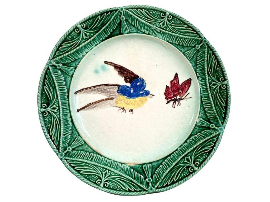 Antique French Majolica Plate Dish Server Decorative Glazed Earthenware Ceramic Green Blue c1910-20s / EVE
