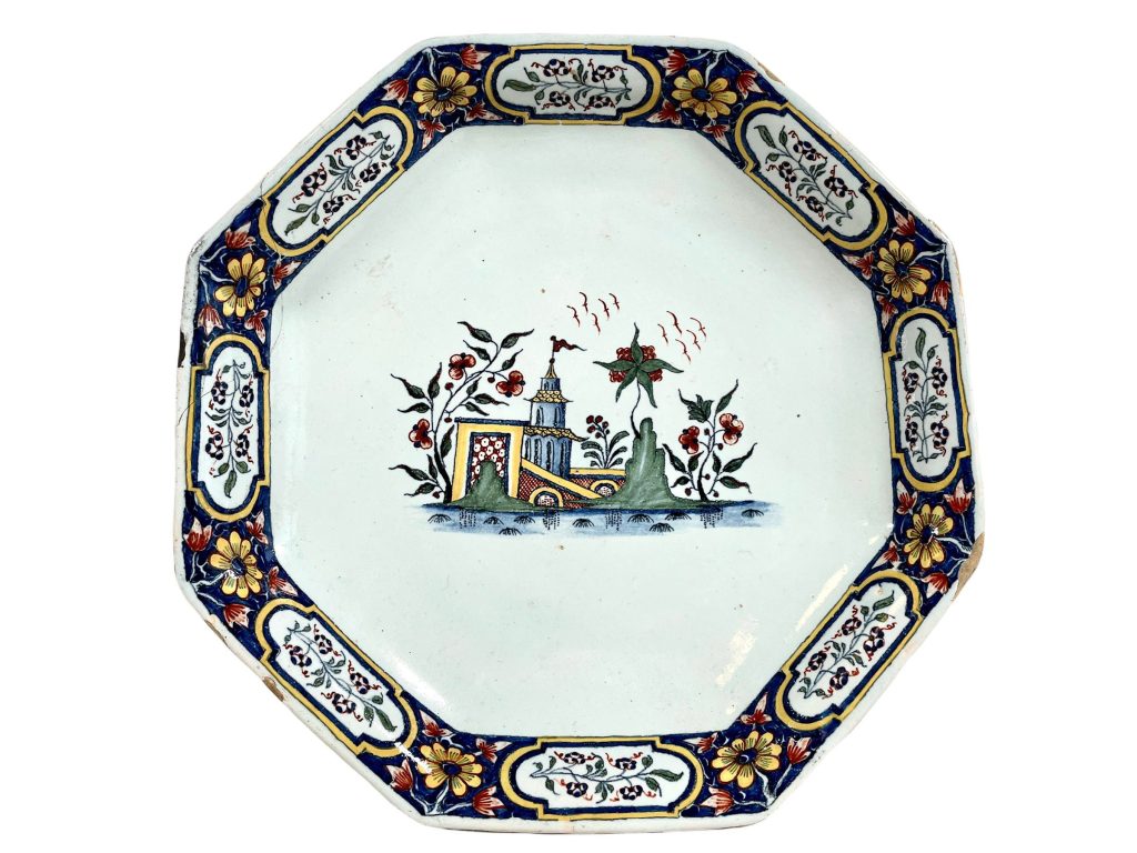 Antique French Faience Chinoiserie Plate Dish Server Decorative Glazed Earthenware Ceramic White Blue c1880s / EVE