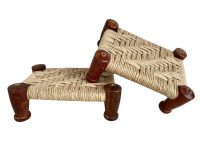 Vintage Tiny Small Rattan Pair Of Stools French Wooden Brown Wood Woven Raffia Low String Woven Plinth Stand Pot Tabouret c1960-70's / EVE