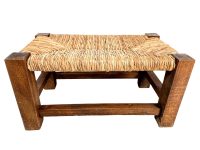 Vintage French Brown Wood Wooden Woven Strung Rattan Raffia Footstool Foot Stool Rest Footrest Display Stand Tabouret circa 1970-80's / EVE