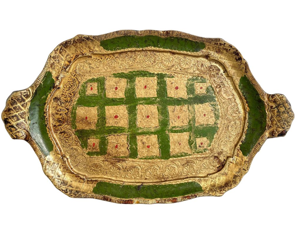 Vintage Italian Florentine Florence Gold Green Wood Ornately Decorated Small Serving Tray Trivet Stand Dish Decoration c1950’s / EVE