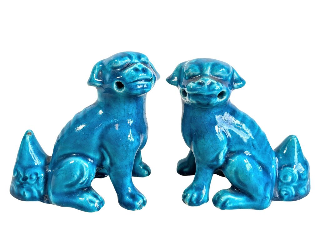 Antique Chinese Ceramic Aqua Blue Foo Dogs Pair Ornaments Home Decor Asian Themed Decor Matching circa 1910’s / EVE