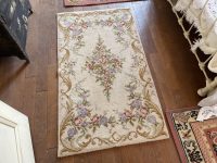 Alternative view of Vintage French Pink Beige Flower Rug Carpet Floor Covering Decor Display Prop France Tapis  Diademe Wool circa 1970-80's / EVE