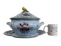 Alternative view of Vintage Italian Cata Calli Florentine Pear White Blue Ceramic Terrine Bowl Dish Plate Server Serving Lid REPAIRED circa 1940-50's / EVE