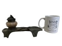 Alternative view of Antique French Cast Pewter Spelter Pen Pencil Ink Stand Rest Display Wooden Wood Desk Tidy Organiser Signed R. Elias circa 1910-20's / EVE