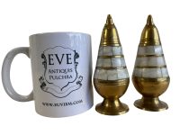 Alternative view of Vintage Indian Brass Mother Of Pearl Shell Salt And Pepper Condiment Containers Shakers Storage Table Gold Spices Prop circa 70-80's / EVE