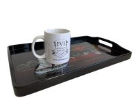 Alternative view of Vintage Asian Vietnamese black serving lap tray with inlaid Mother Of Pearl sailing boats decor c1970-80's / EVE