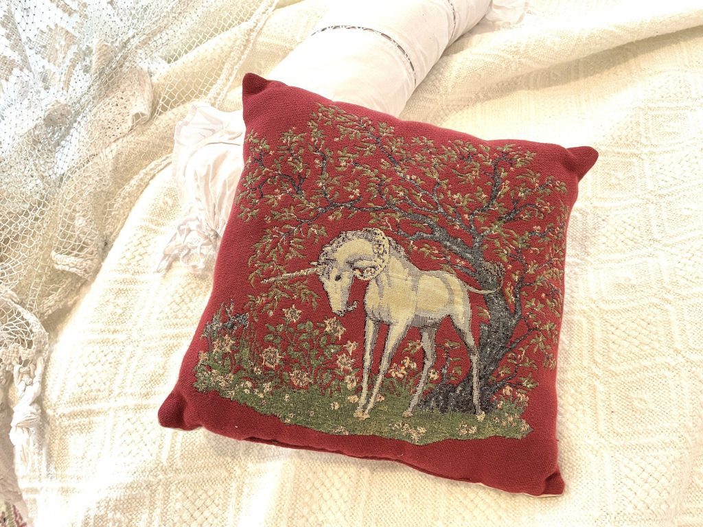 Vintage French Unicorn Throw Pillow Dark Red Square Decor for Couch or Sofa / EVE
