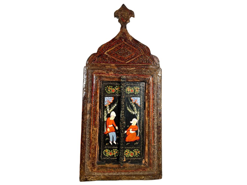 Vintage Indian Wall Hanging Hand Painted Mirror With Doors Glass Lacquered Wood One-Off Hand Made Decorative Cloakroom c1960-70’s / EVE