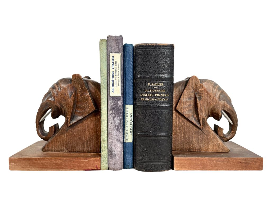 Vintage French Wooden Elephant Head Varnished Wood Book End Pair Stand Holder Storage Display Support c1960-1970’s / EVE
