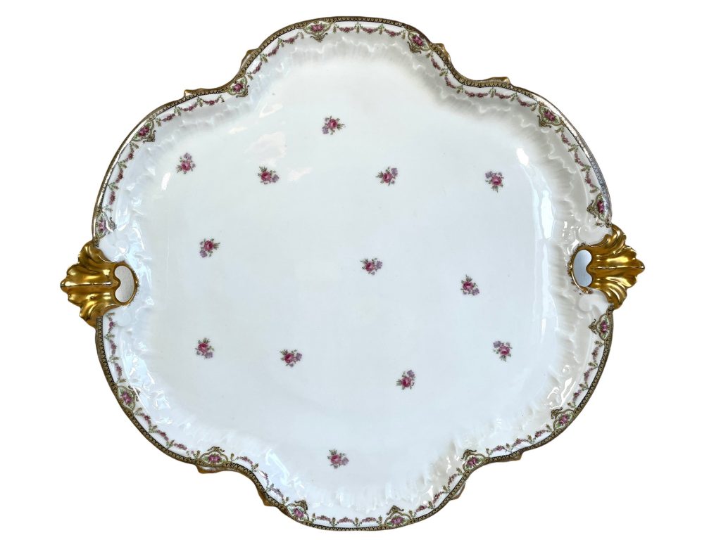 Antique French Large Rose Porcelain Plate With Gold Plated Handles Dish Server Decorative Glazed Ceramic White Gold c1910s / EVE