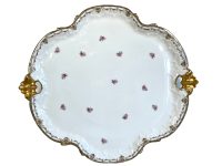 Antique French Large Rose Porcelain Plate With Gold Plated Handles Dish Server Decorative Glazed Ceramic White Gold c1910s / EVE