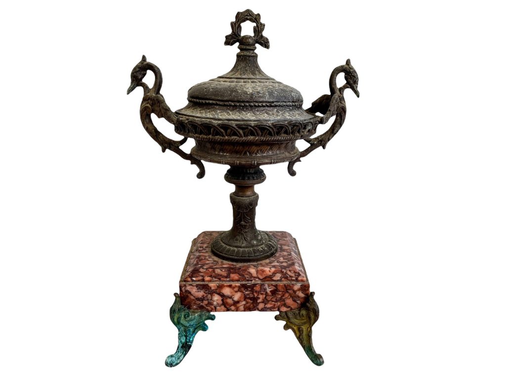 Antique French Bird Head Bronze Spelter Salmon Marble Stone Plinth Display Stand Dish Ornate Bowl Display Pot Jar Vase c1880’s / EVE
