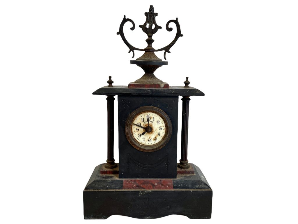 Antique French Black Marble Stone Clock Spelter Mantlepiece Shelf Missing Parts Not Working c1880’s / EVE