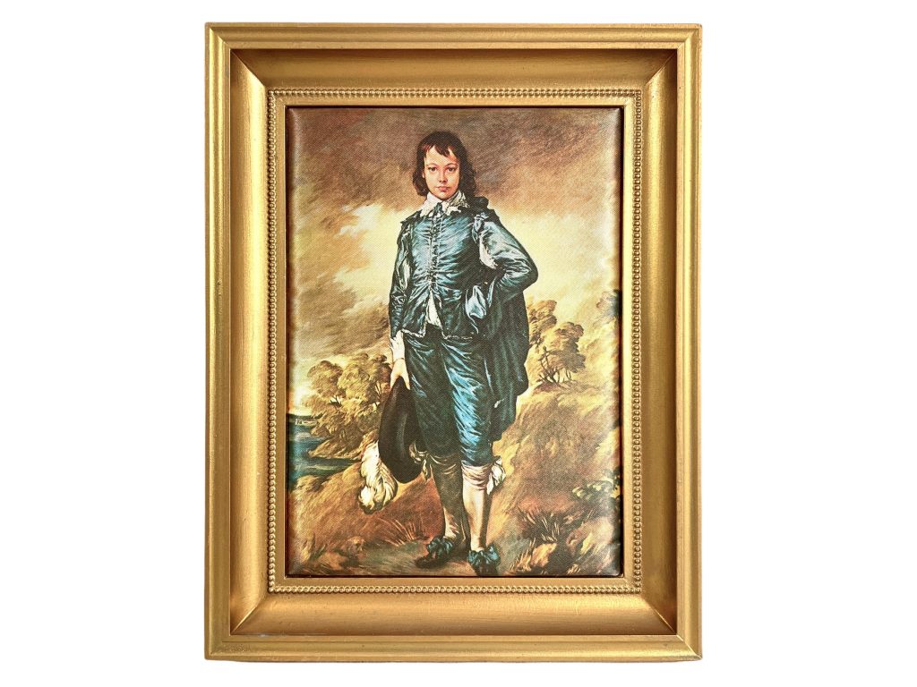 Vintage French Print On Fabric Wall Art Blue Boy Wall Hanging Image Framed Gold Display Decor circa 1970-80’s / EVE