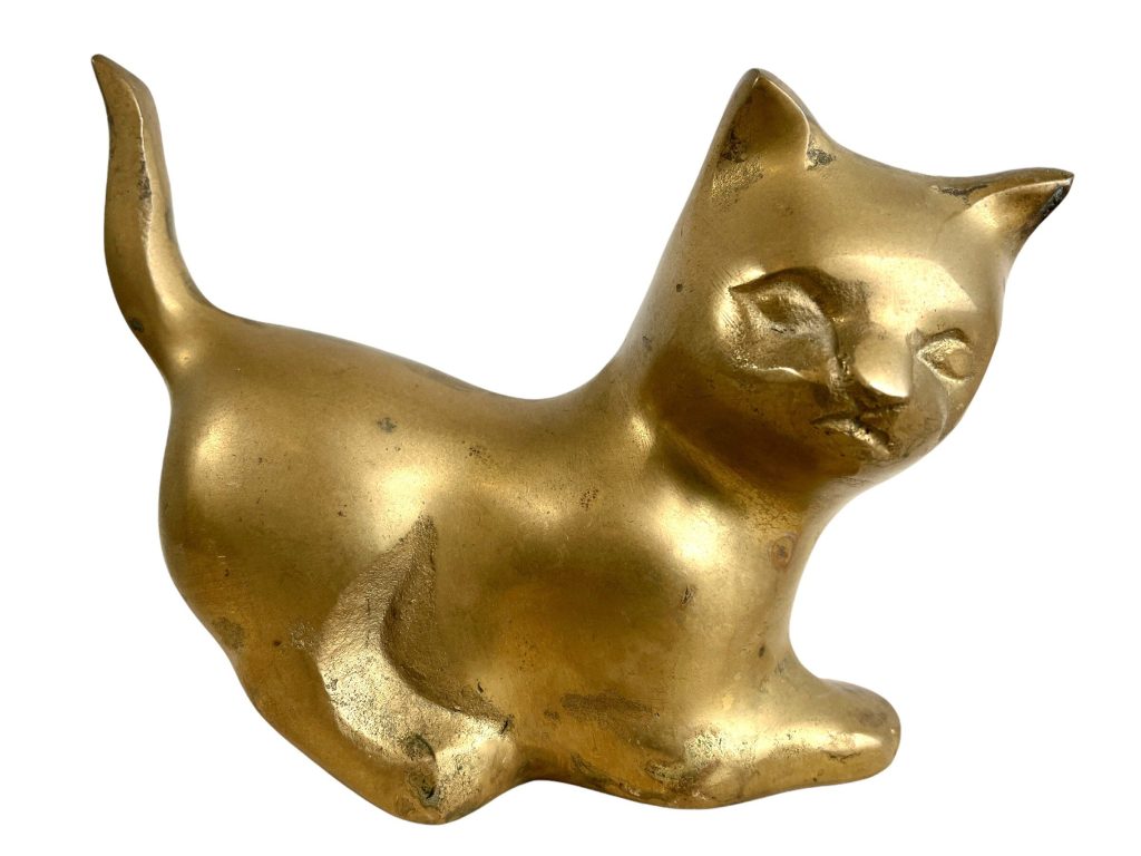 Vintage French Brass Crouching Cat Kitten Ornament Figurine Metal Desktop Desk Mantlepiece gift c1970-80’s / EVE