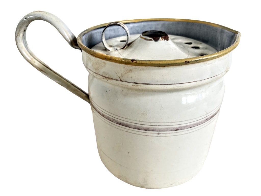 Vintage French Galvanised Pale Cream Enamel Metal Water Milk Cream Jug Can Carafe Pitcher Vase c1920-30's / EVE
