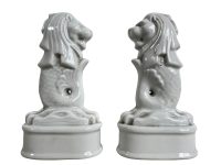 Vintage French Porcelain White Lion Fish Hybrid Small Ornament Figurine Display Gift Ceramic Pair Prop c1970-80's / EVE