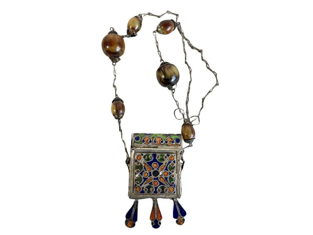 Vintage Moroccan Islamic Berber Silver Solder Metal Glass Locket Box Necklace Tarnish Patina Jewellery Jewelry circa 1970-80’s / EVE