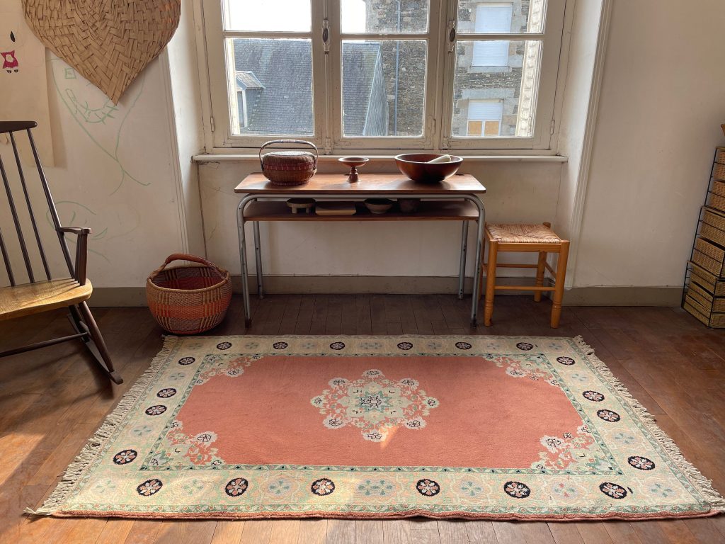 Vintage Moroccan Large Pink Green Rug Carpet Floor Covering Decor Display Prop France Tapis Diademe Wool circa 1970-80’s / EVE