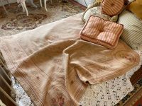 Vintage Belgian Pink Beige Throw Cover Blanket Flower Small Wall Rug Floor Table Covering Decor Display Prop France circa 1970-80's / EVE