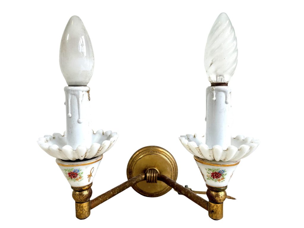 Vintage French Double Electric Lamp Wall Sconce Faux Candle Metal Light Lamps Sconces Lighting Tarnish Patina circa 1950-60’s / EVE