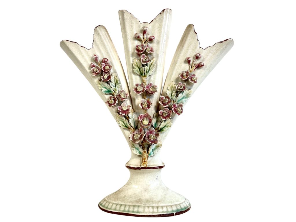 Antique French Bloom Flower Decorated Ceramic Pot Vase Container Storage Prop Decor Table Flowers Triple Stem c1900-10’s / EVE